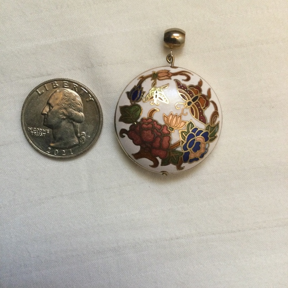 Vintage Cloisonné Guilloch Floral Butterfly Round Pendant